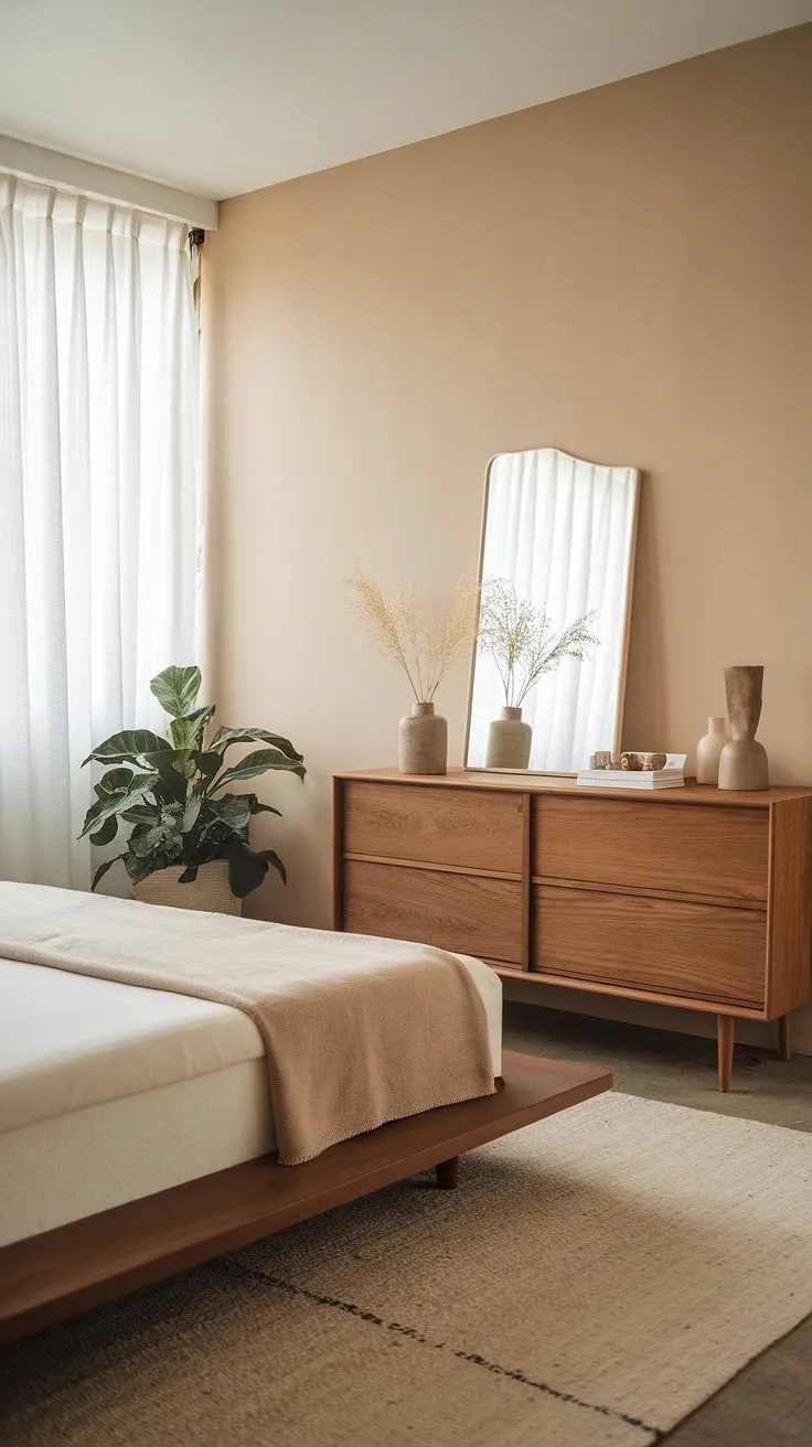 Redecorate your master bedroom with japandi style elements, including a wooden dresser and potted plants, to create a cozy yet minimalist retreat.