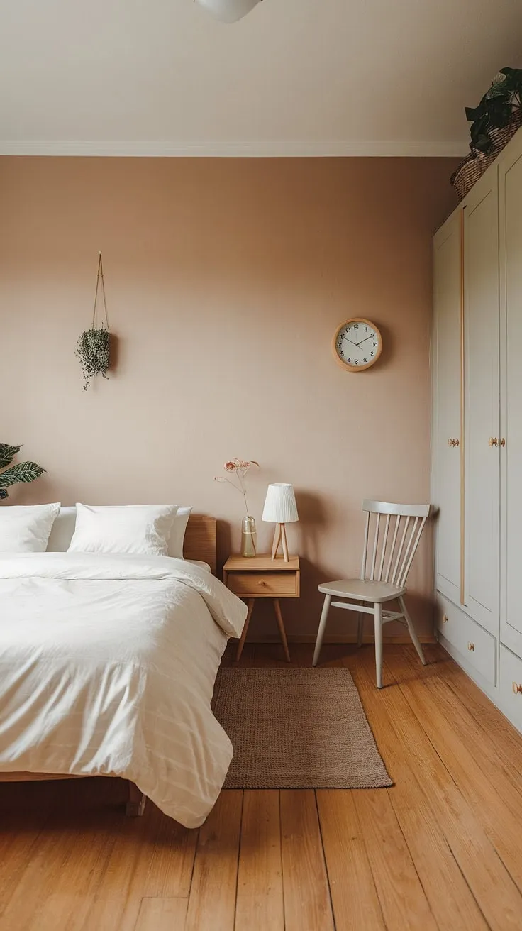 This Japandi bedroom showcases minimalist decor with a soft beige palette, wooden flooring, and carefully selected furnishings, making it an ideal room makeover for small bedrooms.