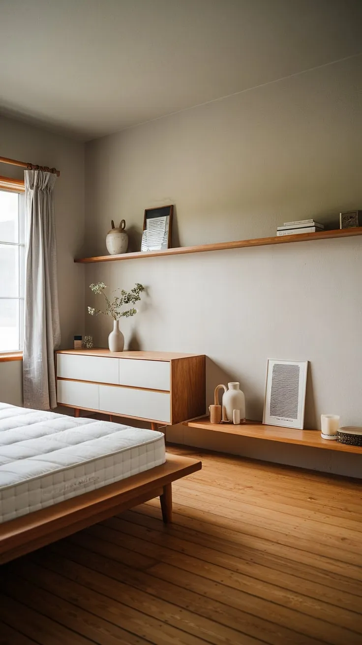 Transform your small bedroom into a calming Japandi interior with minimalist decor, featuring a wooden bed and light grey walls for a stylish room makeover.