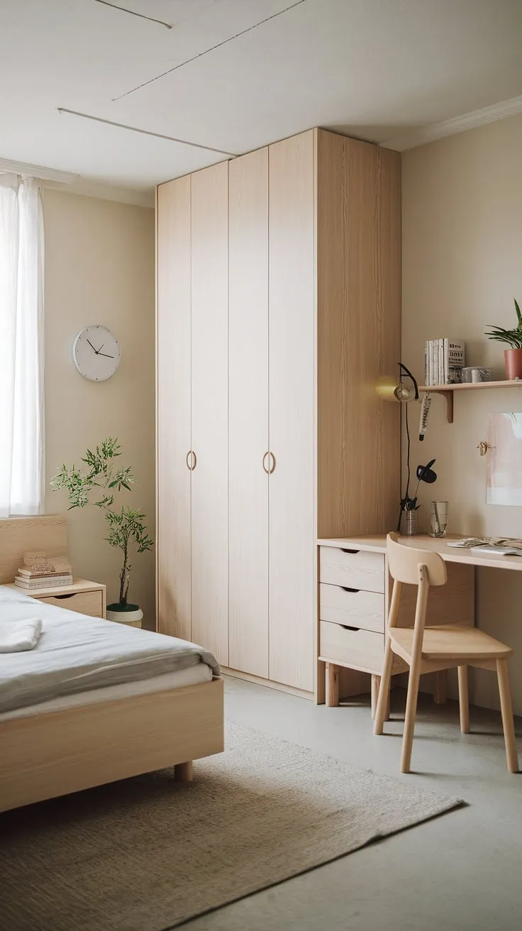 Transform your small bedroom into a Japandi interior oasis with minimalist decor, featuring light wooden furniture and subtle decorative touches for a stylish room makeover.
