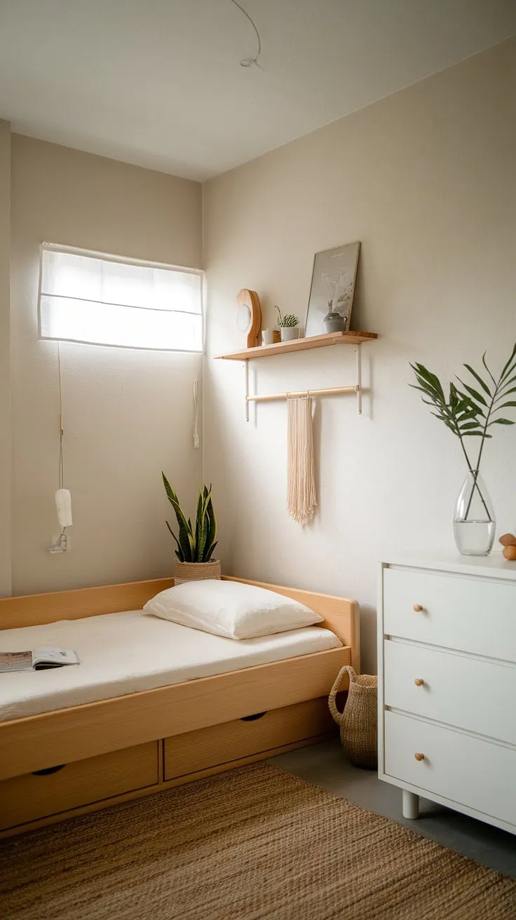 Redecorate your master bedroom with japandi style, incorporating a small bed, white dresser, and natural elements for a chic and functional space.