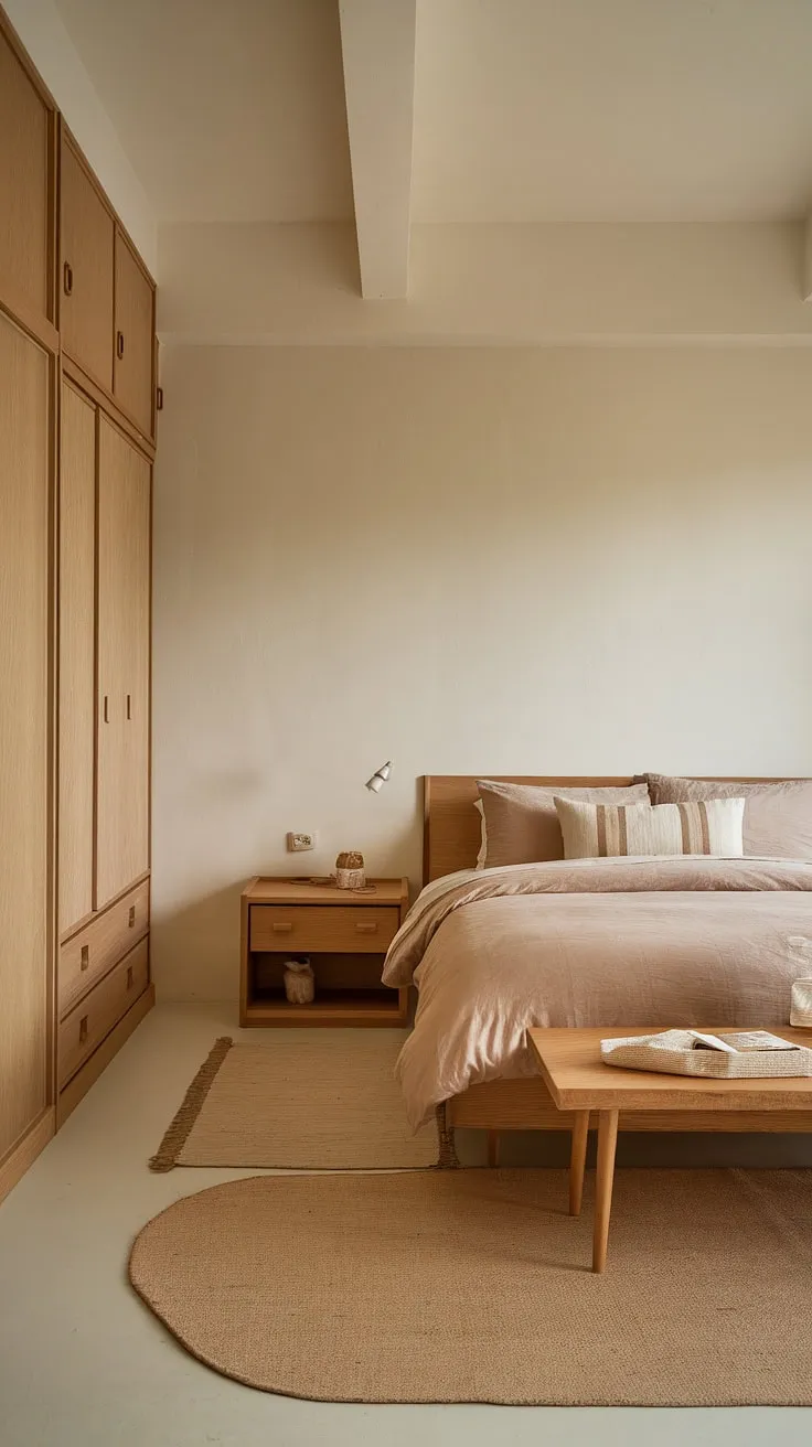 Redecorate your master bedroom with Japandi style, showcasing a blend of wooden furniture and soft beige tones for a chic room makeover.