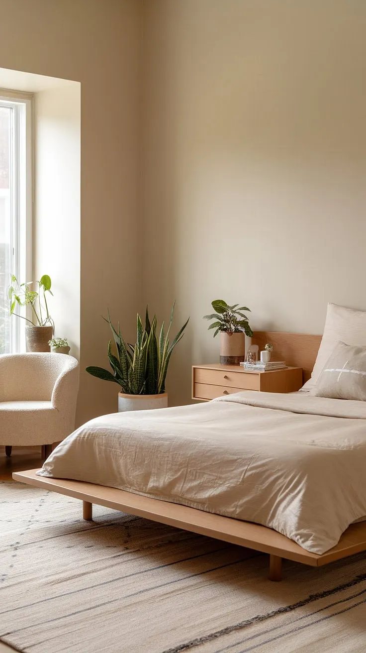 Transform your small bedroom into a Japandi-style oasis with minimalist decor, featuring a wooden platform bed, soft beige tones, and potted plants for a refreshing room makeover.