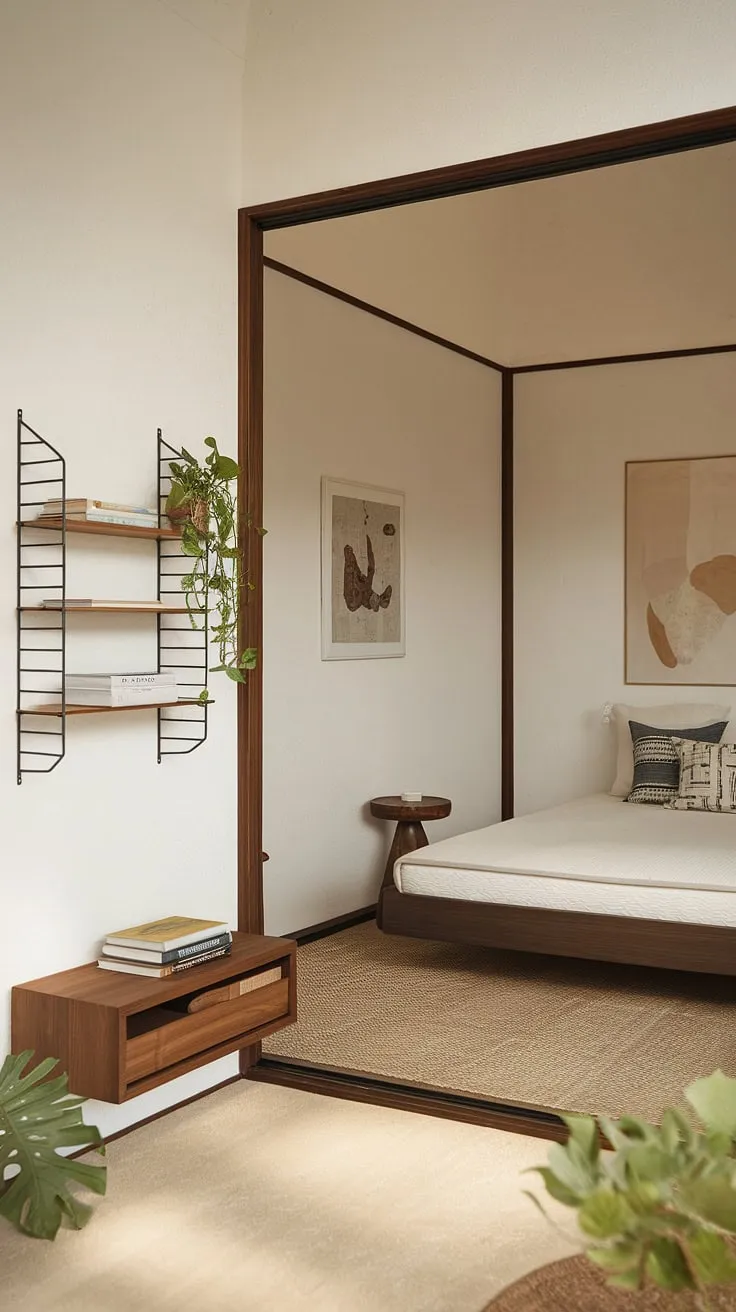 Redecorate your master bedroom with Japandi style, incorporating a cozy bed, wooden shelves, and soft textures to create a peaceful retreat in a compact space.