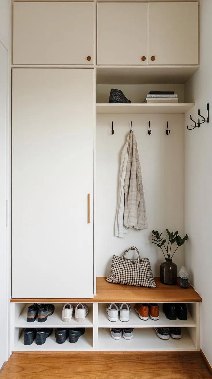 The Japandi entryway highlights a sleek built-in cabinet and minimal shoe storage, perfect for inspiring foyer wardrobe designs.