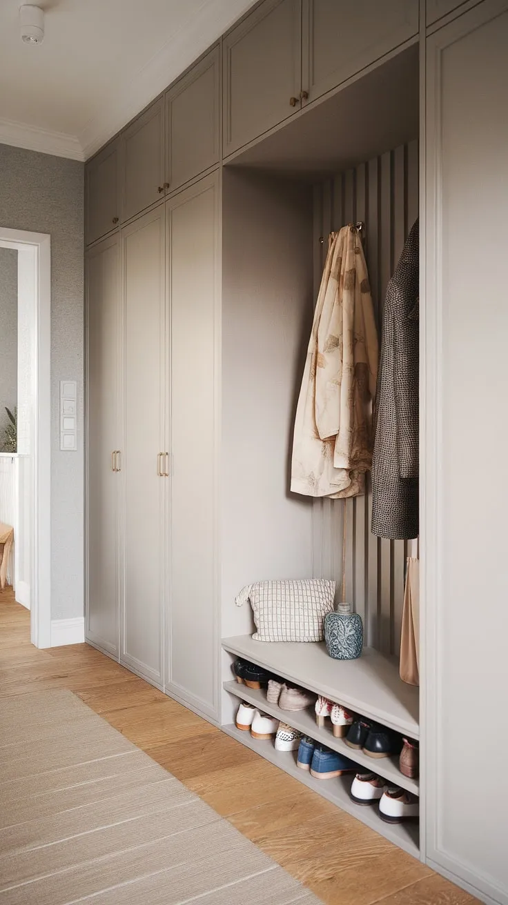 The Japandi-style entryway showcases a sleek built-in cabinet for shoes and a hallway wardrobe, all set against a light grey backdrop and wooden flooring for a chic foyer look.