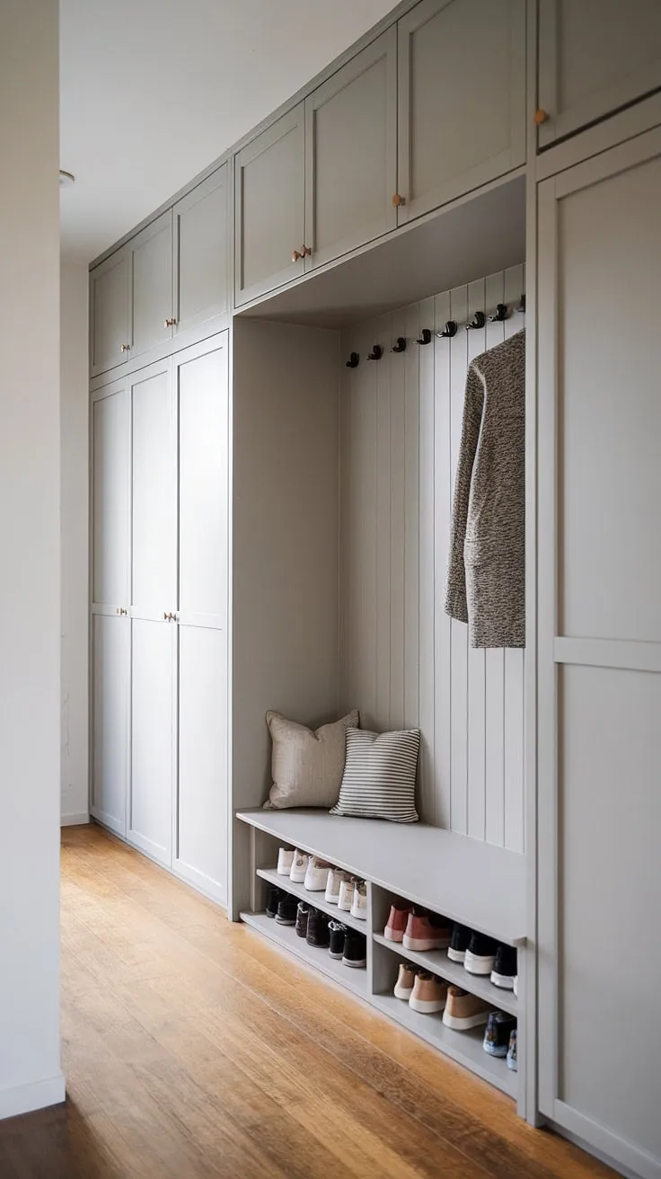 The Japandi closet design in this entryway foyer highlights a sleek built-in cabinet and a shoe storage solution, all set against a clean white backdrop and warm wooden flooring.