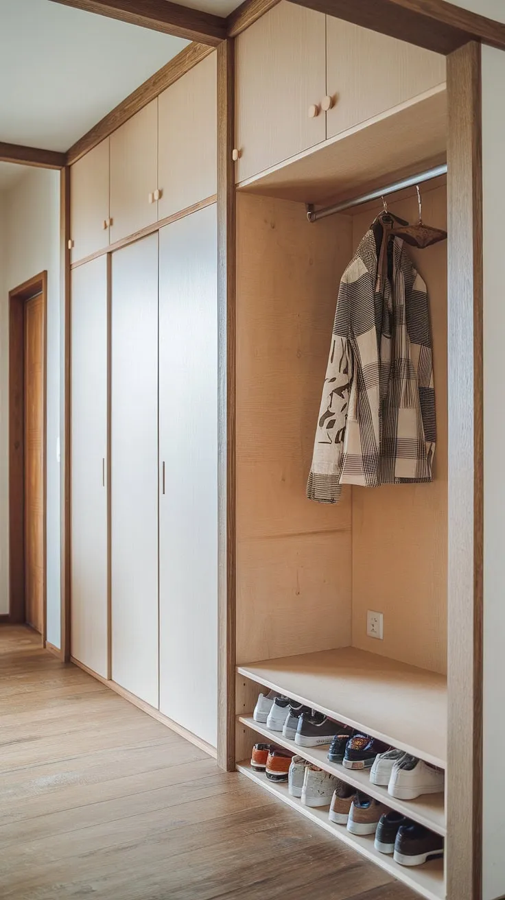 A Japandi entryway showcases a minimal built-in cabinet and foyer wardrobe, blending Japanese and Scandinavian elements with a stylish shoe cabinet and hallway wardrobe.