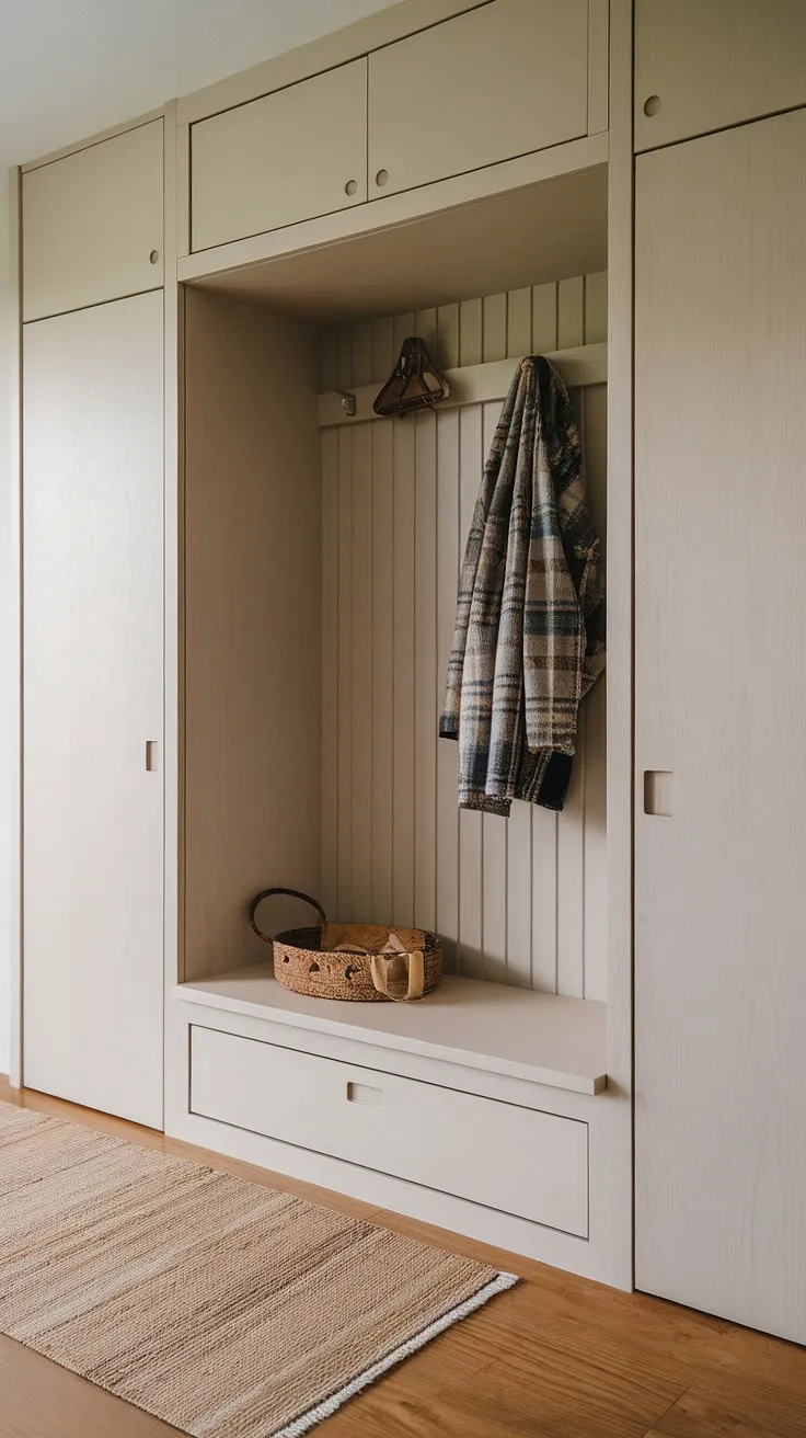 This Japandi entryway features a minimal shoe cabinet and built-in wardrobe, showcasing functional foyer design ideas with a light color palette and wooden flooring.