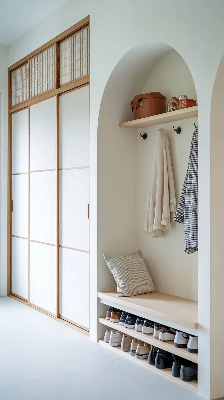 The Japandi closet design in this entryway highlights a sleek built-in cabinet and a sliding door wardrobe, perfect for a functional foyer with a minimal shoe cabinet.