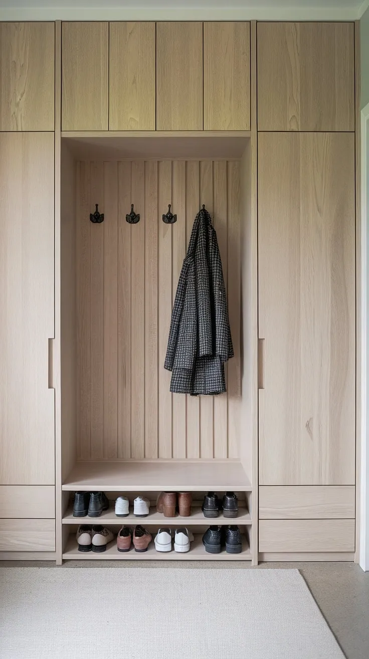 Featuring a Japandi closet design, this entryway foyer combines a built-in cabinet, minimal shoe storage, and a wardrobe for a chic and functional space.