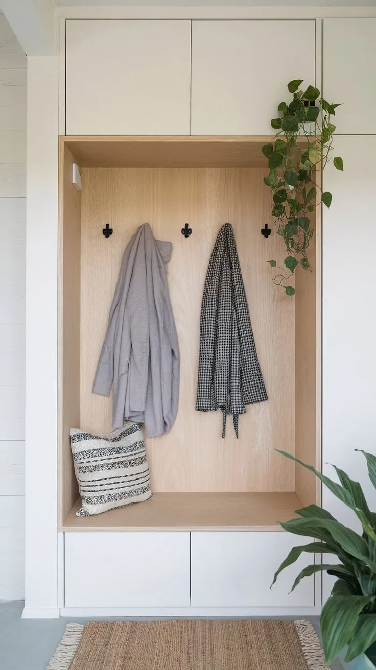 The Japandi closet design in this entryway foyer combines a built-in cabinet and a foyer wardrobe, creating a stylish and functional space with a minimalistic aesthetic.