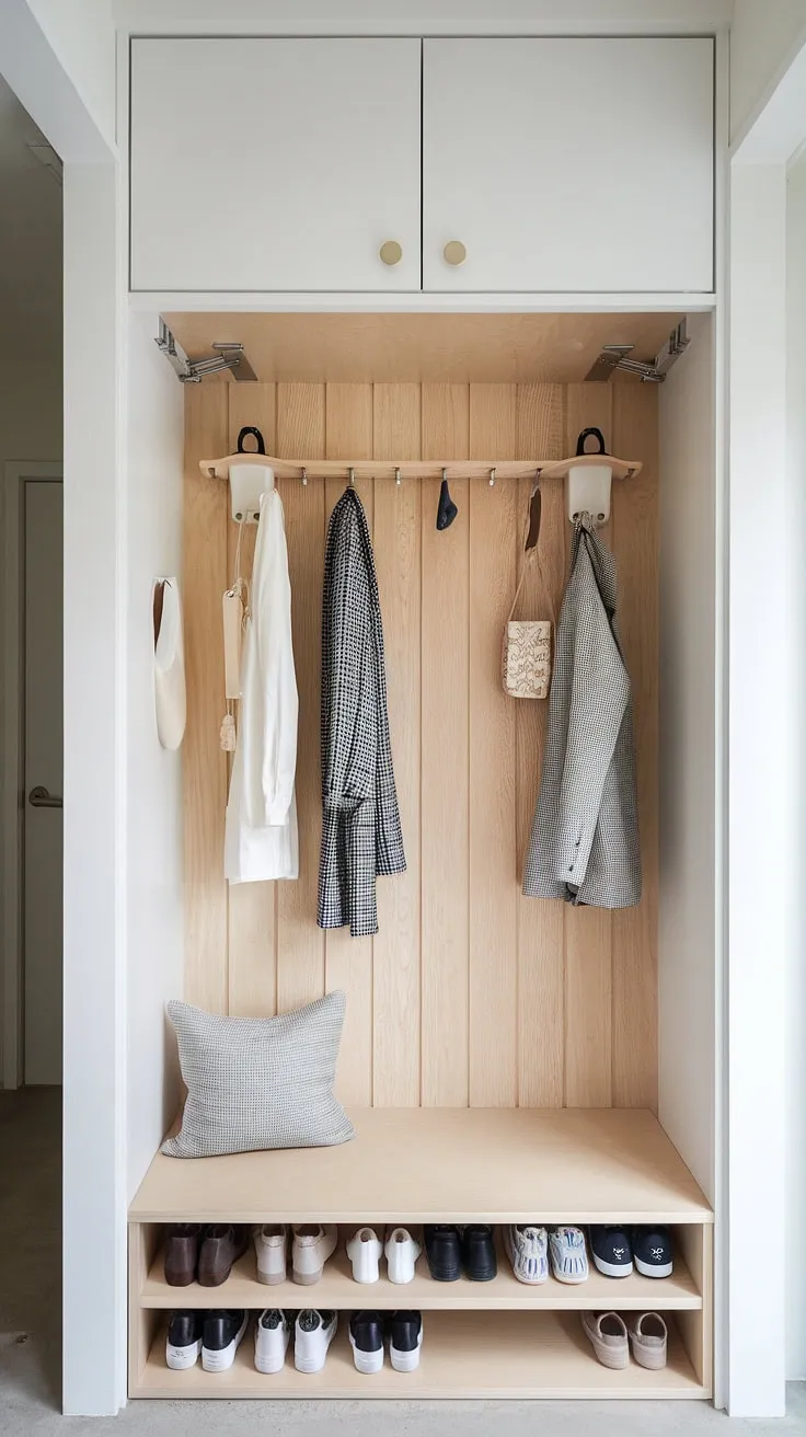 Featuring a Japandi closet design, this entryway highlights a built-in cabinet and a minimal shoe cabinet, creating a harmonious and functional foyer space.
