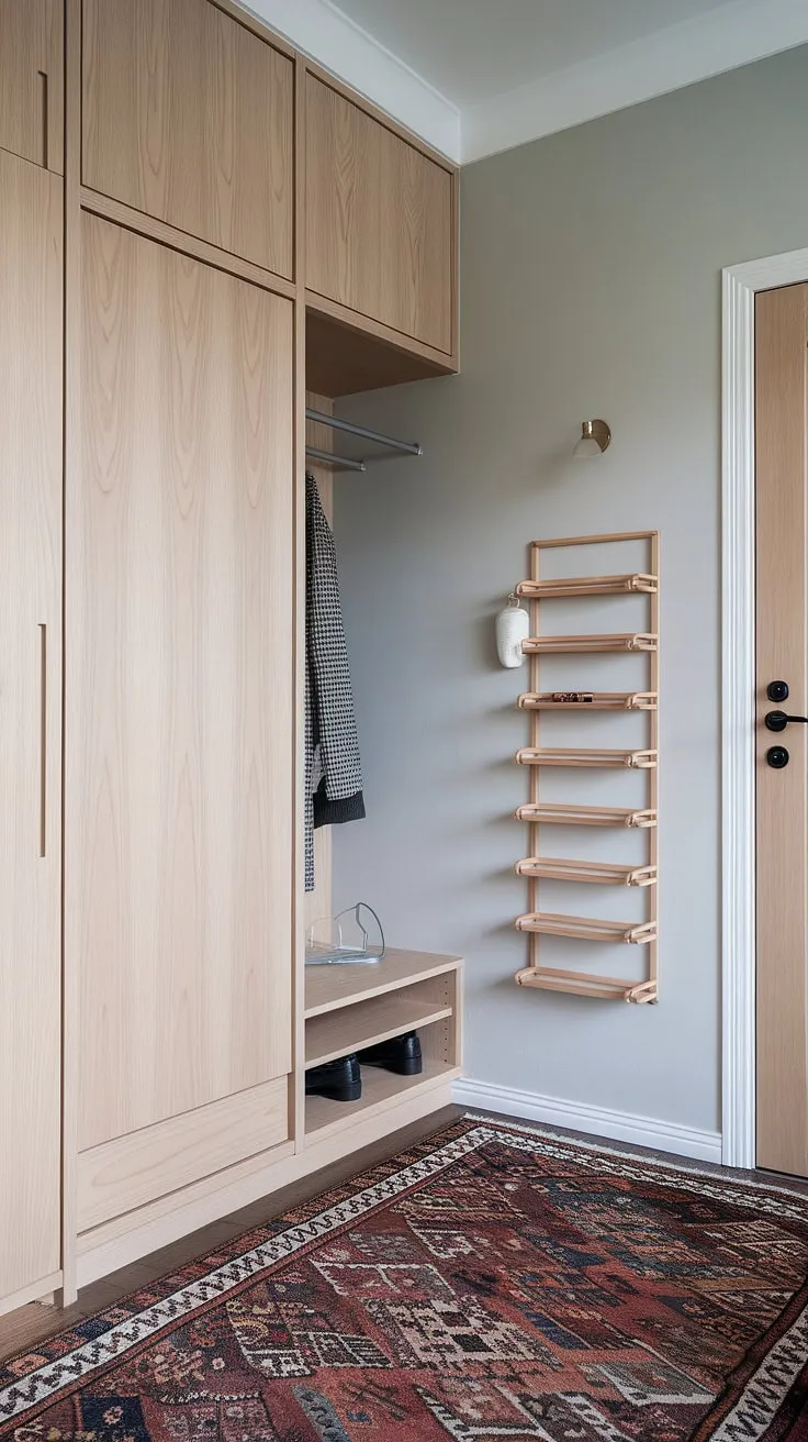 This Japandi entryway features a light wood built-in cabinet, a minimal shoe cabinet, and a stylish wardrobe in the hallway, creating a harmonious foyer design.
