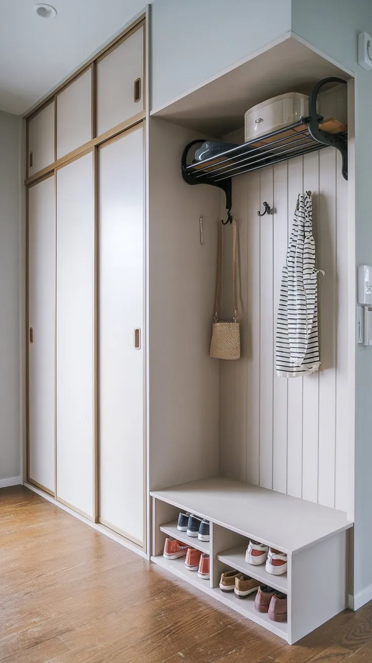 The Japandi entryway showcases a sleek built-in cabinet and shoe rack, alongside a wardrobe that enhances the overall foyer design with a minimal shoe cabinet.