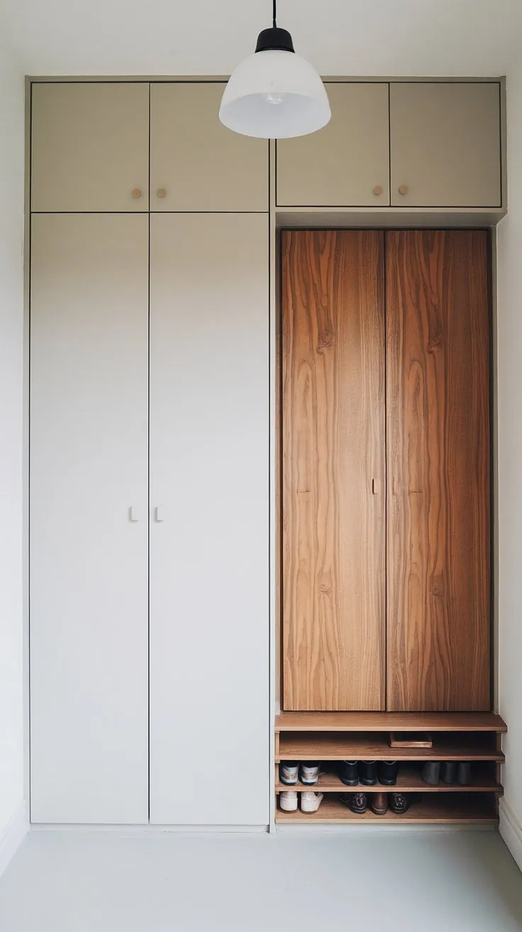 The Japandi closet design showcases a light grey built-in cabinet alongside a wooden wardrobe and minimal shoe cabinet, creating an inviting entryway foyer with modern elegance.