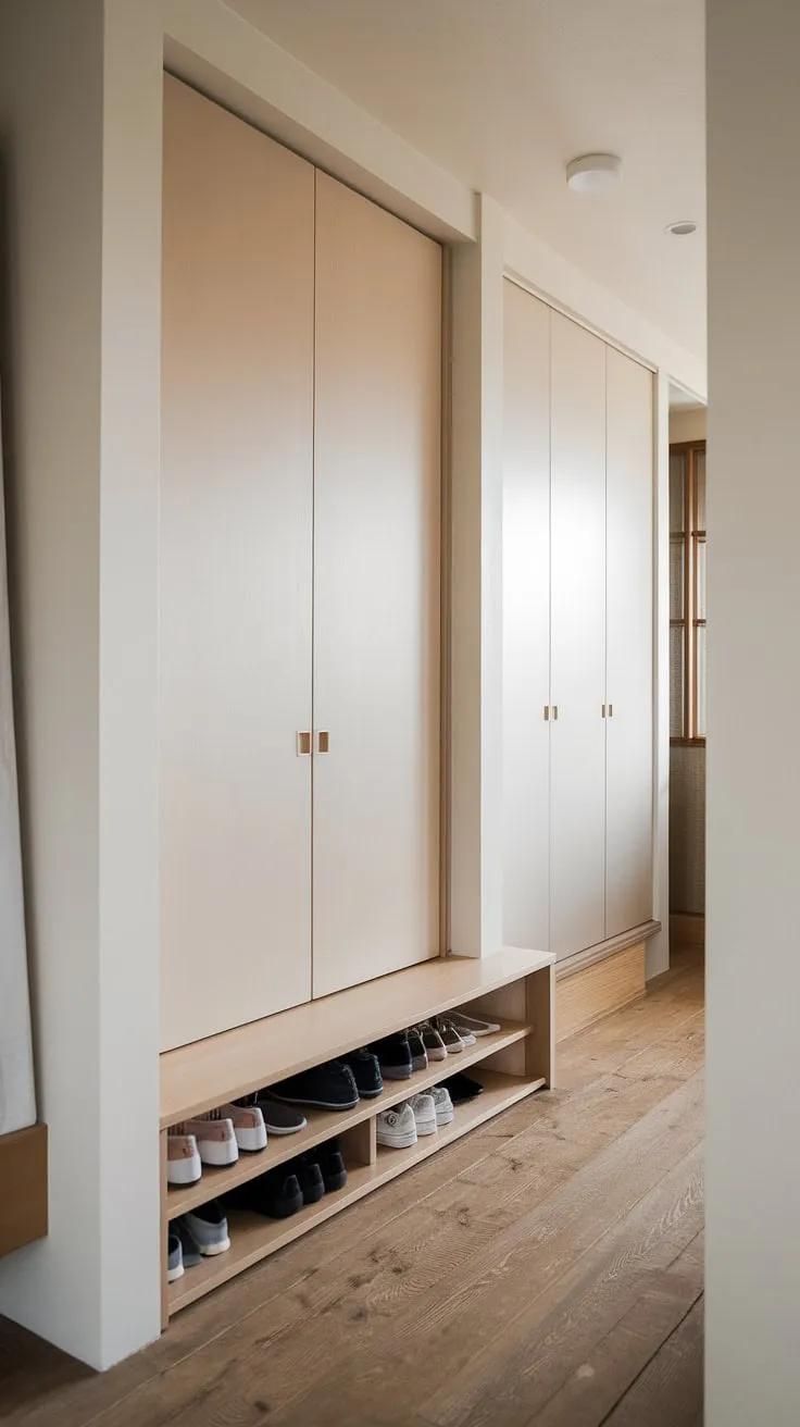 This Japandi entryway features a minimal built-in cabinet serving as a shoe cabinet, complemented by a stylish wardrobe in the hallway, creating an elegant foyer design.