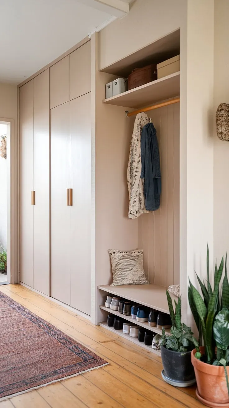 This Japandi entryway features a minimal built-in cabinet serving as a shoe cabinet, complemented by a wardrobe in the hallway and potted plants, creating a stylish foyer design.