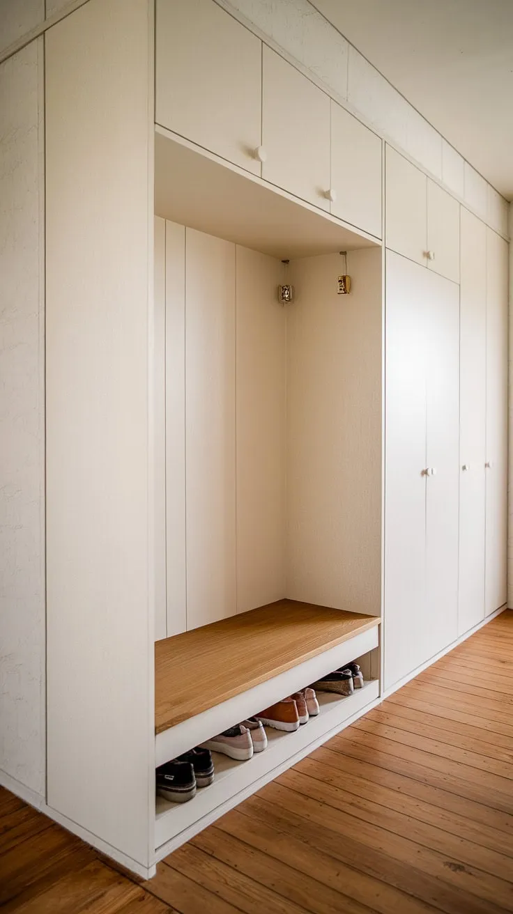 The Japandi closet design in this entryway highlights a sleek built-in shoe cabinet and a wardrobe in the hallway, creating a harmonious and functional foyer space.