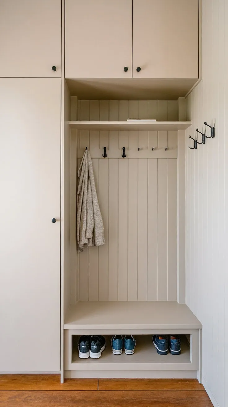 The Japandi closet design in this entryway highlights a functional built-in cabinet and minimal shoe storage, creating an inviting foyer with practical style.