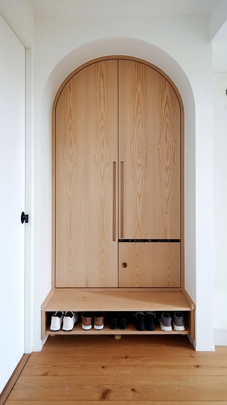 A Japandi entryway featuring a minimalist built-in cabinet and shoe storage exemplifies functional foyer design with a stylish wardrobe in the hallway.