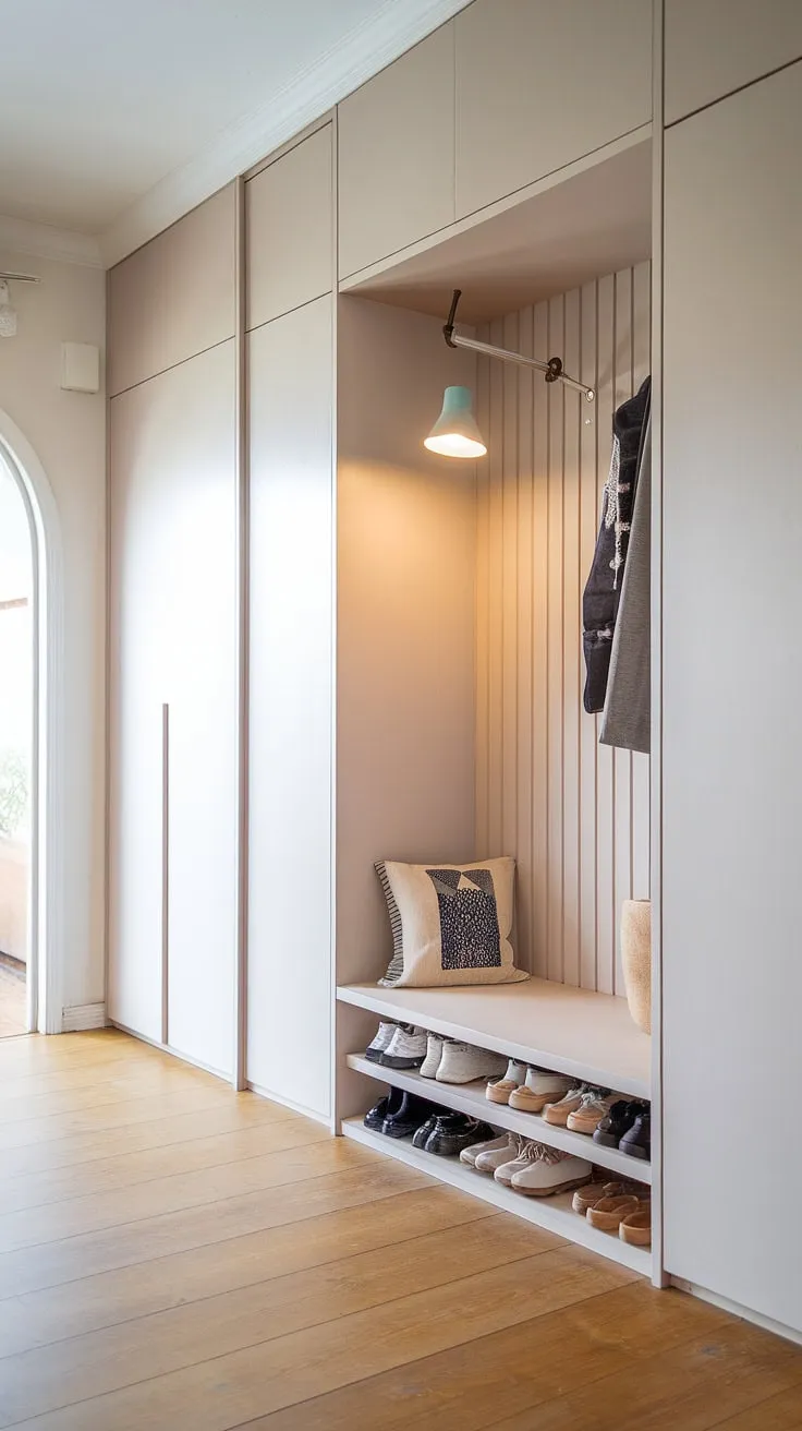 The Japandi closet design in this entryway showcases a sleek built-in cabinet as a shoe storage solution alongside a functional foyer wardrobe, enhancing the overall aesthetic with a clean and modern look.