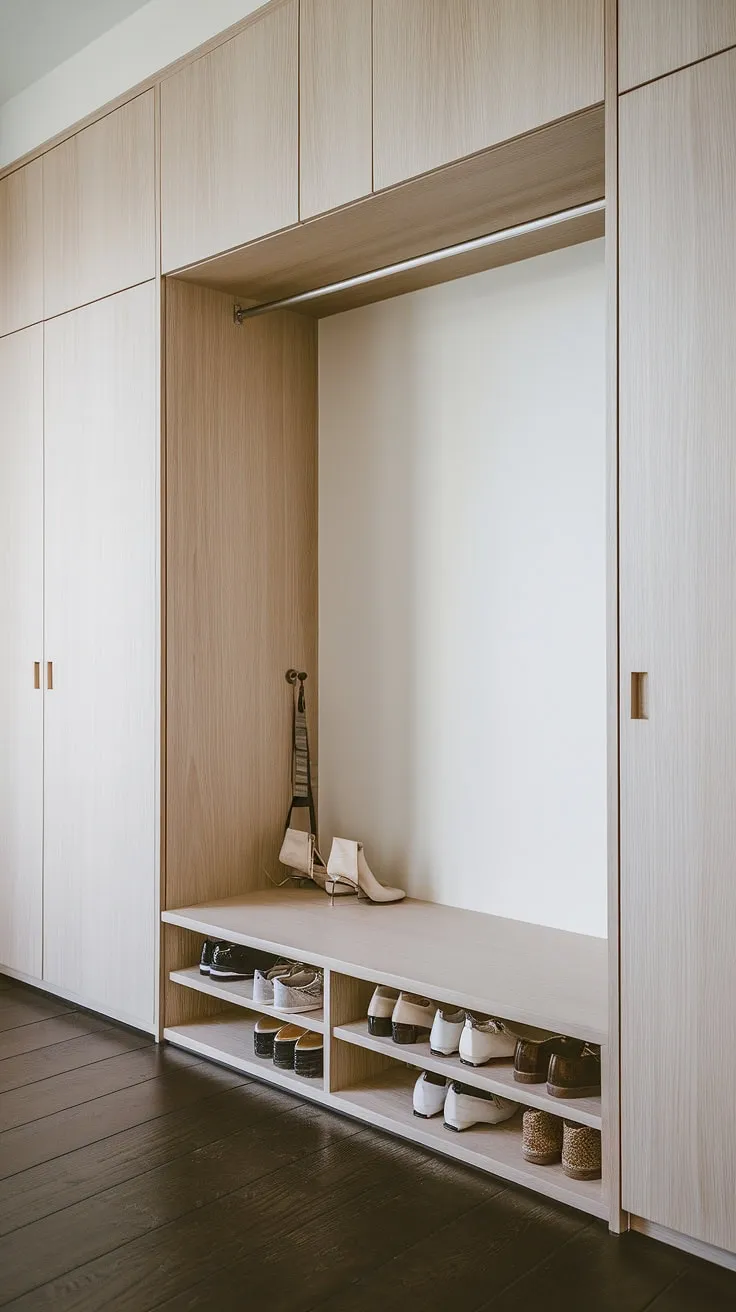 The foyer design incorporates a Japandi closet with a sleek wardrobe in the hallway, blending functionality and style in a simple, elegant space.