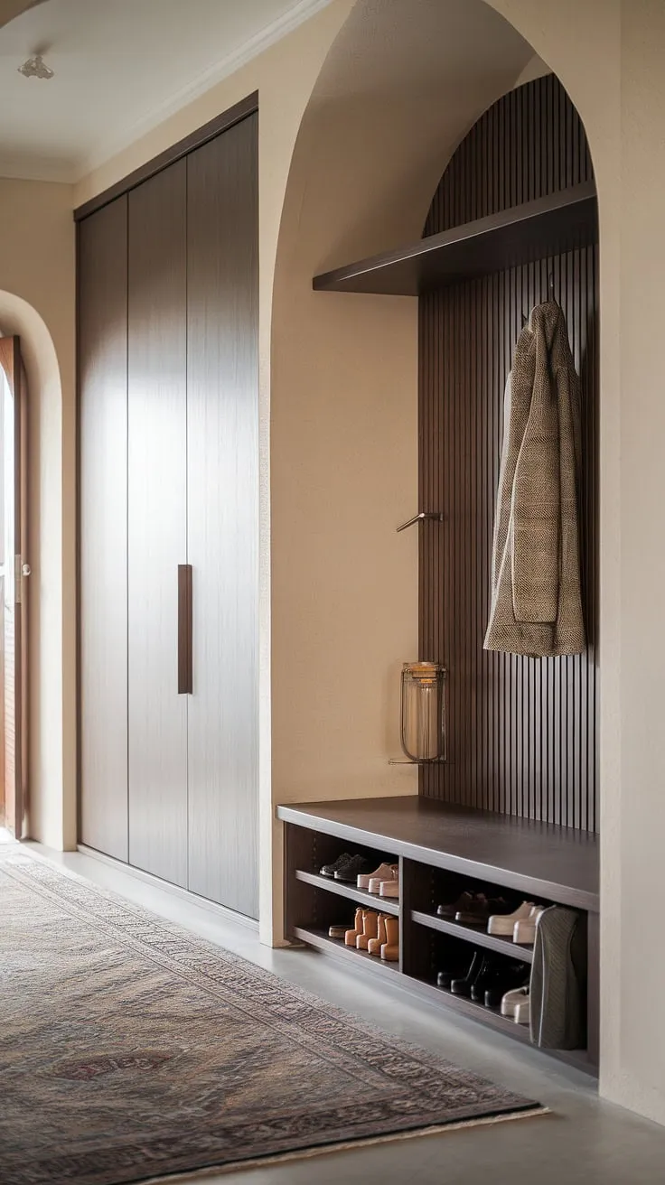 This Japandi entryway features a minimal design with a built-in cabinet, a wardrobe in the hallway, and a shoe cabinet, creating a stylish foyer that balances functionality and aesthetics.