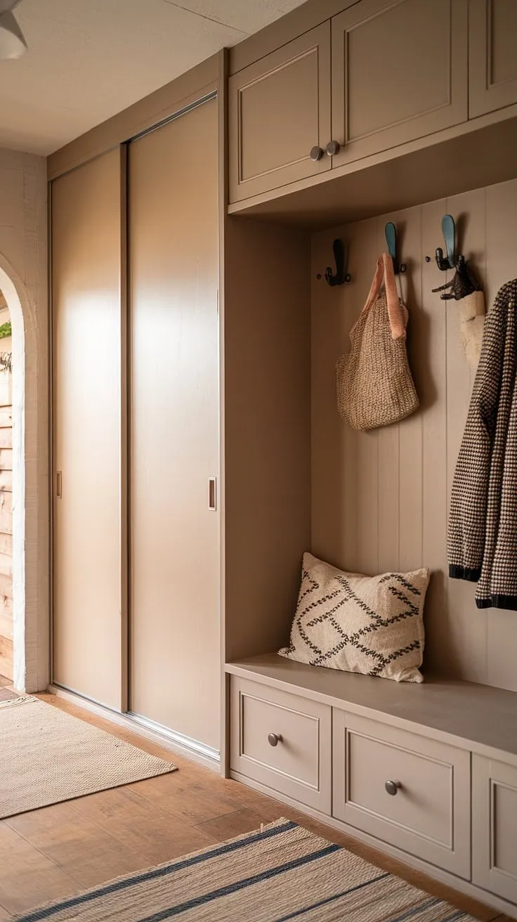 This Japandi entryway features a minimal built-in cabinet and a stylish wardrobe in the hallway, showcasing elegant foyer design ideas with a shoe cabinet and warm lighting.