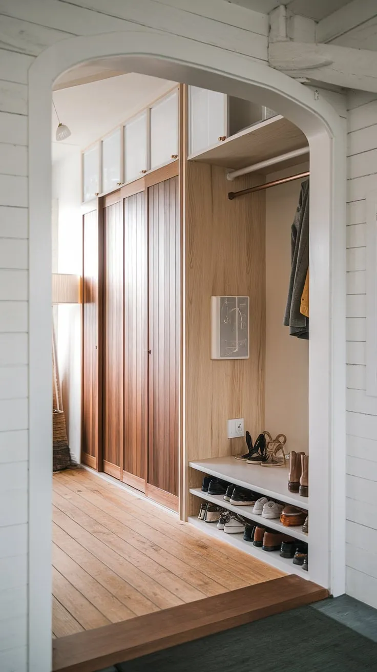 This Japandi entryway features a minimal built-in cabinet and a stylish foyer wardrobe alongside a sleek shoe cabinet, creating a harmonious design with wooden elements and a bright atmosphere.