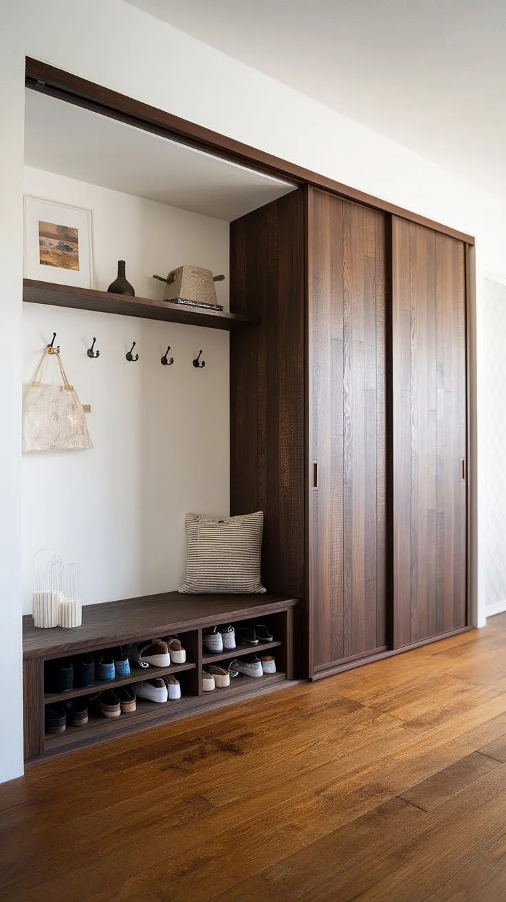 The Japandi closet design in this entryway combines a dark wooden built-in cabinet and a minimal shoe cabinet, creating a chic and functional foyer space.