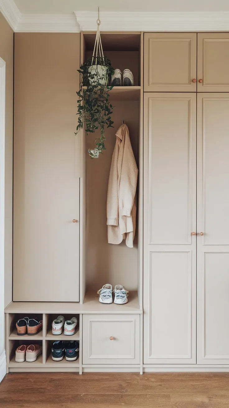 This Japandi entryway features a built-in cabinet with shelves, a minimal shoe cabinet, and a wardrobe in the hallway, all designed to create an organized and stylish foyer.