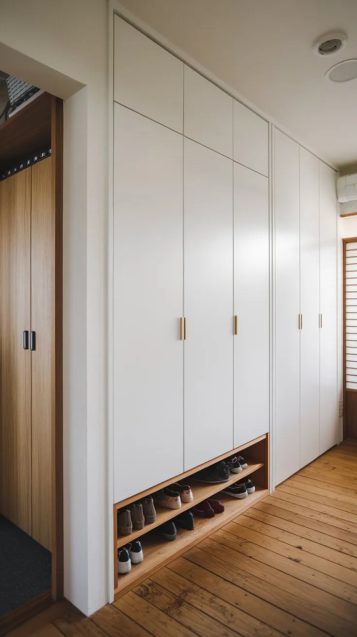 This Japandi entryway showcases a sleek built-in cabinet as a shoe storage solution and a wardrobe in the hallway, ideal for modern foyer design.