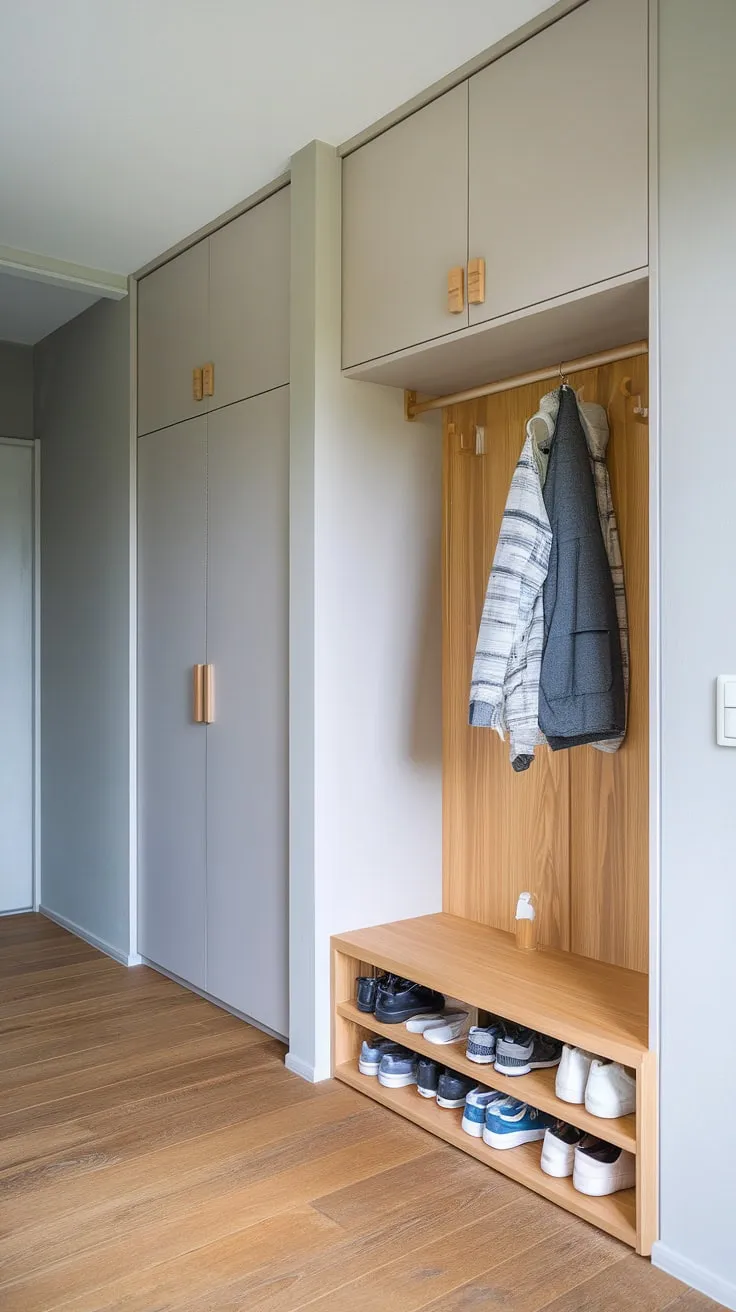 The Japandi closet design in this entryway highlights a sleek built-in cabinet and foyer wardrobe, perfectly blending minimalism with practical foyer design and a shoe cabinet.