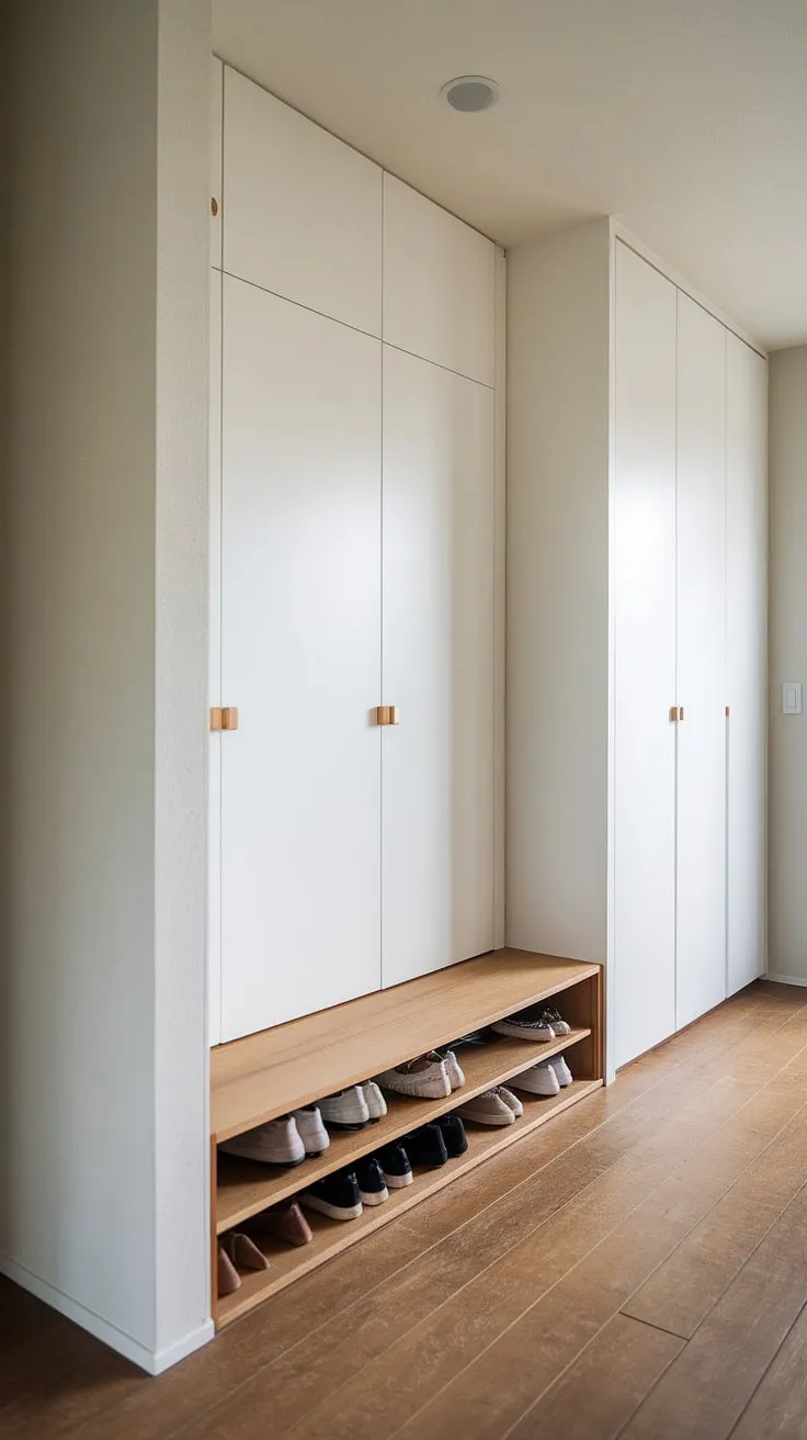 This Japandi entryway features a minimalist built-in cabinet that doubles as a shoe cabinet, complemented by a stylish wardrobe in the hallway, showcasing functional foyer design ideas.