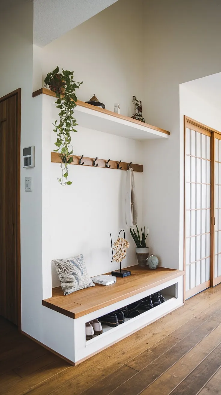 The Japandi entryway showcases a built-in cabinet that elegantly integrates a foyer wardrobe and shoe storage, creating a functional and aesthetically pleasing hallway design.