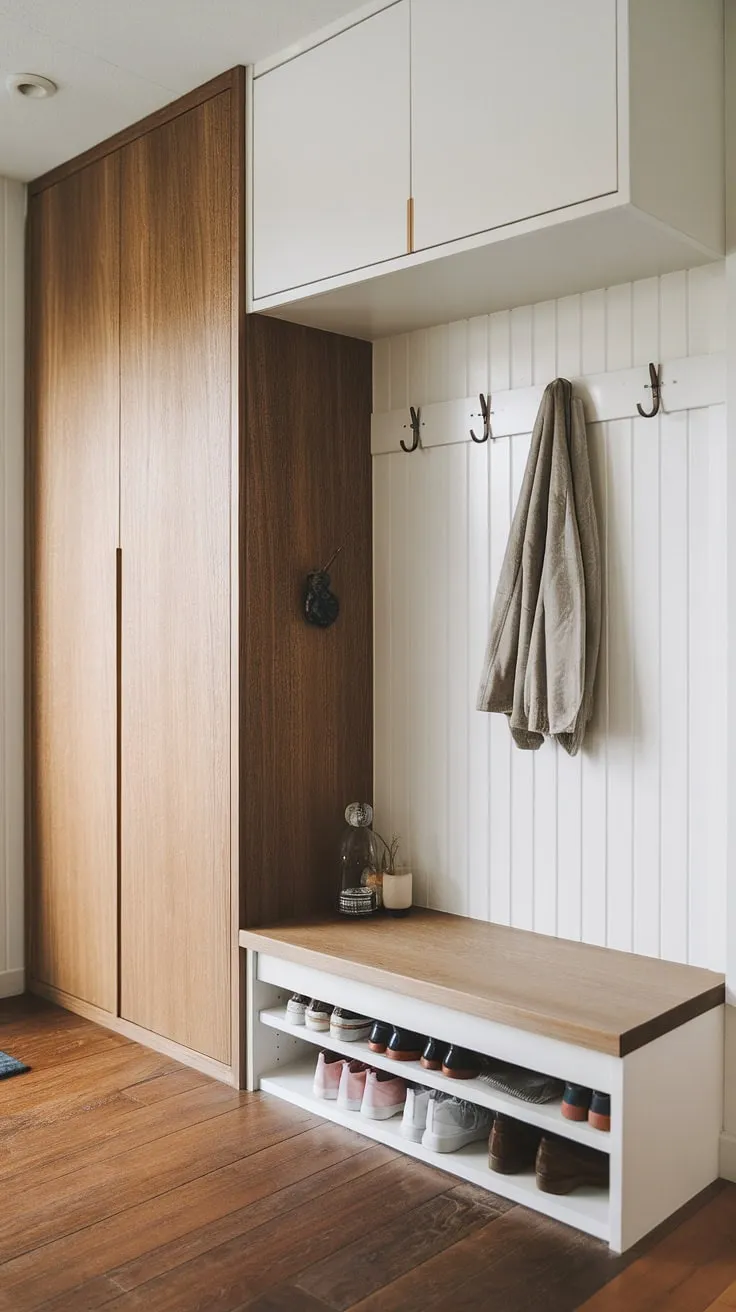 The Japandi closet design showcases a sleek entryway with a built-in cabinet, minimal shoe storage, and functional coat hooks, creating an inviting foyer wardrobe.