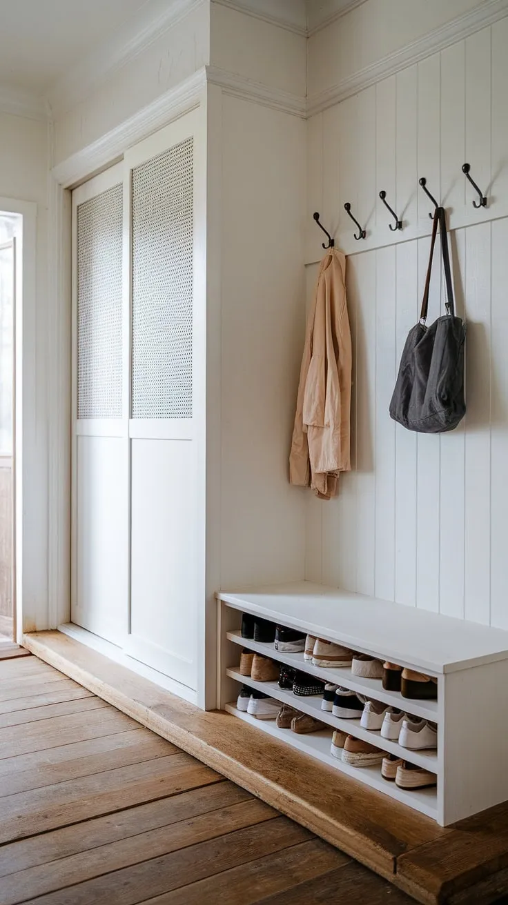 This Japandi closet design highlights a sleek entryway with a built-in shoe cabinet and wardrobe, complemented by rustic wood floors and practical hooks for a clean, functional foyer design.