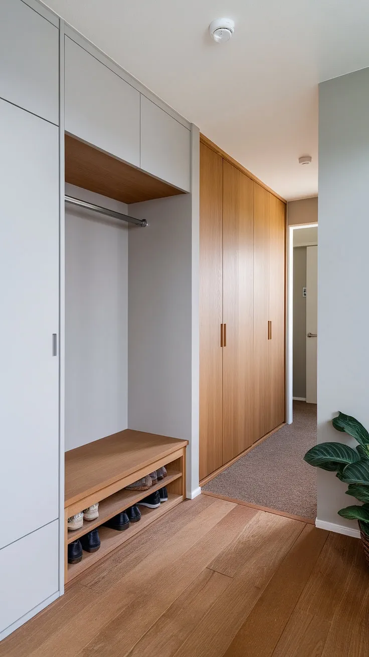This Japandi entryway features a built-in cabinet, minimal shoe cabinet, and wardrobe in the hallway, showcasing simple and functional foyer design ideas with a harmonious blend of wood and light gray elements.