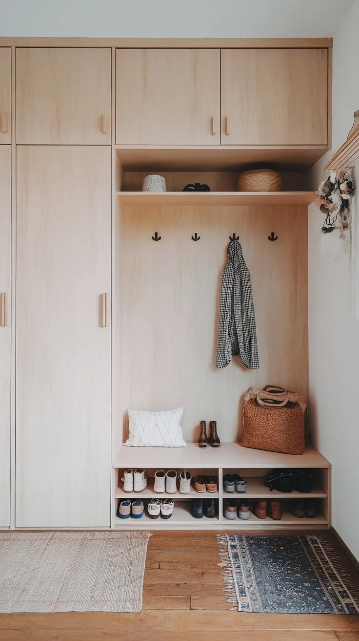 This Japandi entryway features a light wooden built-in cabinet and minimal shoe cabinet, showcasing stylish foyer design ideas with a wardrobe in the hallway.