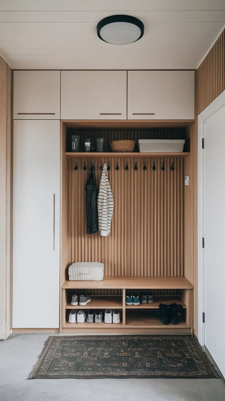 This Japandi entryway features a built-in cabinet with shelves and a minimal shoe cabinet, showcasing stylish foyer design ideas that blend wood and white elements.