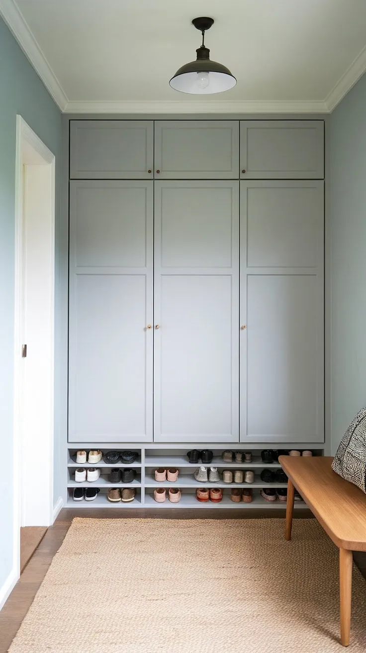 This Japandi entryway features a minimal built-in cabinet serving as a shoe cabinet, complemented by a foyer wardrobe, a wooden bench, and a light blue wall, creating a stylish foyer design.