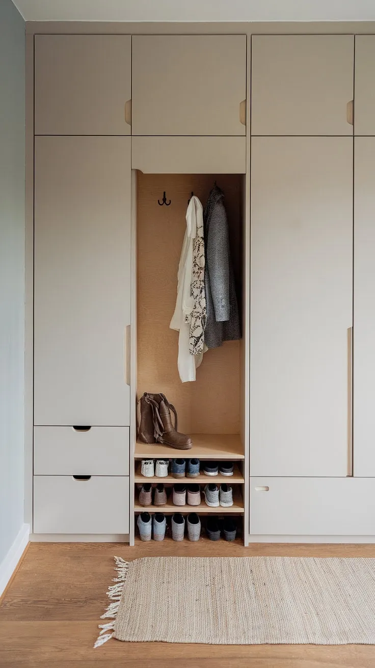 This japandi entryway features a minimal built-in cabinet that combines a shoe cabinet and wardrobe, showcasing stylish foyer design ideas with a scandi-nordic vibe.