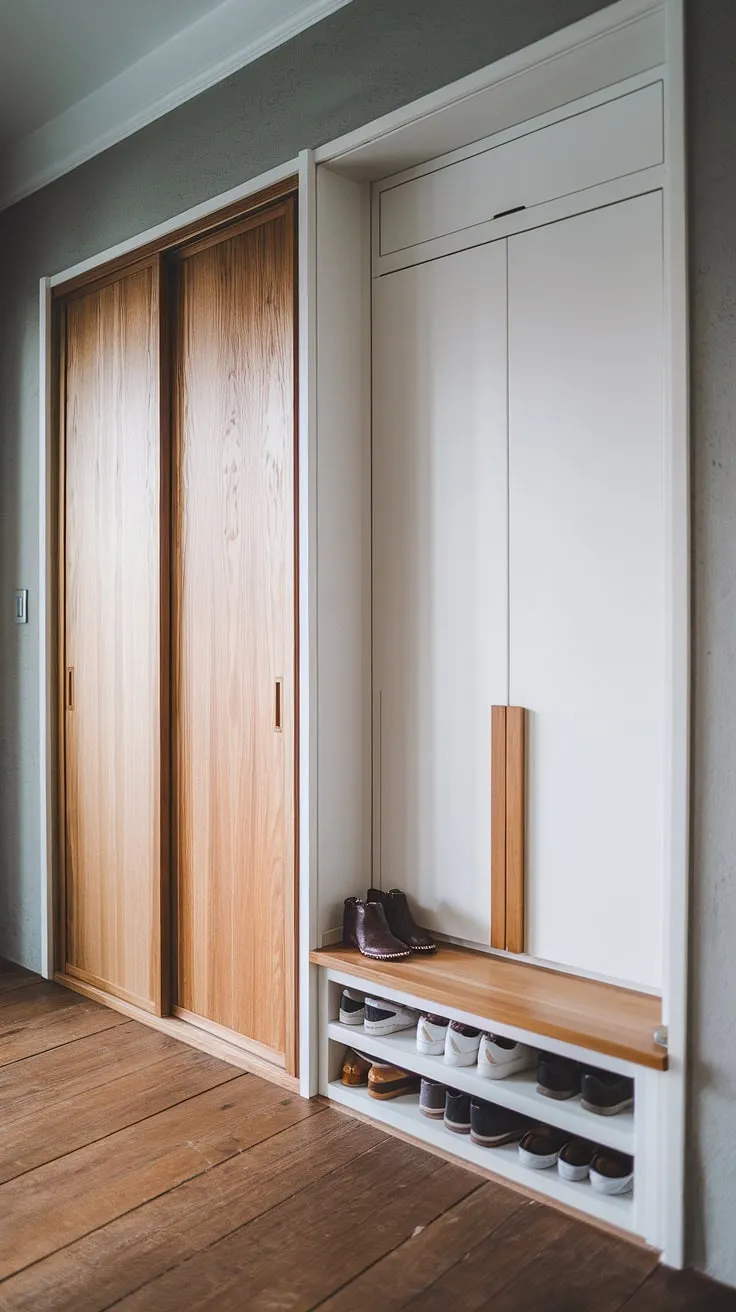 This Japandi entryway showcases a minimal shoe cabinet and a stylish built-in wardrobe, blending clean lines and a white-wood color palette for a chic foyer design.
