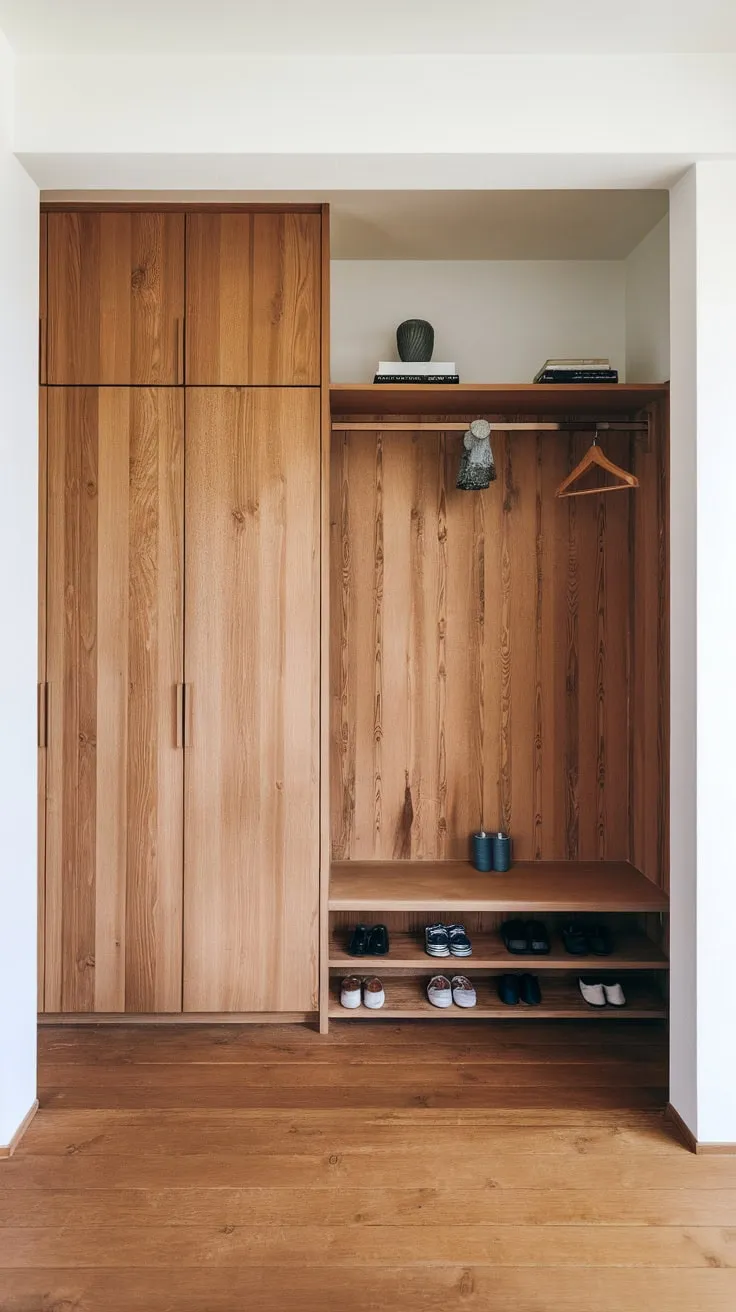 Minimalist Japanese and Scandinavian design blend seamlessly in this foyer, featuring built-in cabinetry and a calming atmosphere.