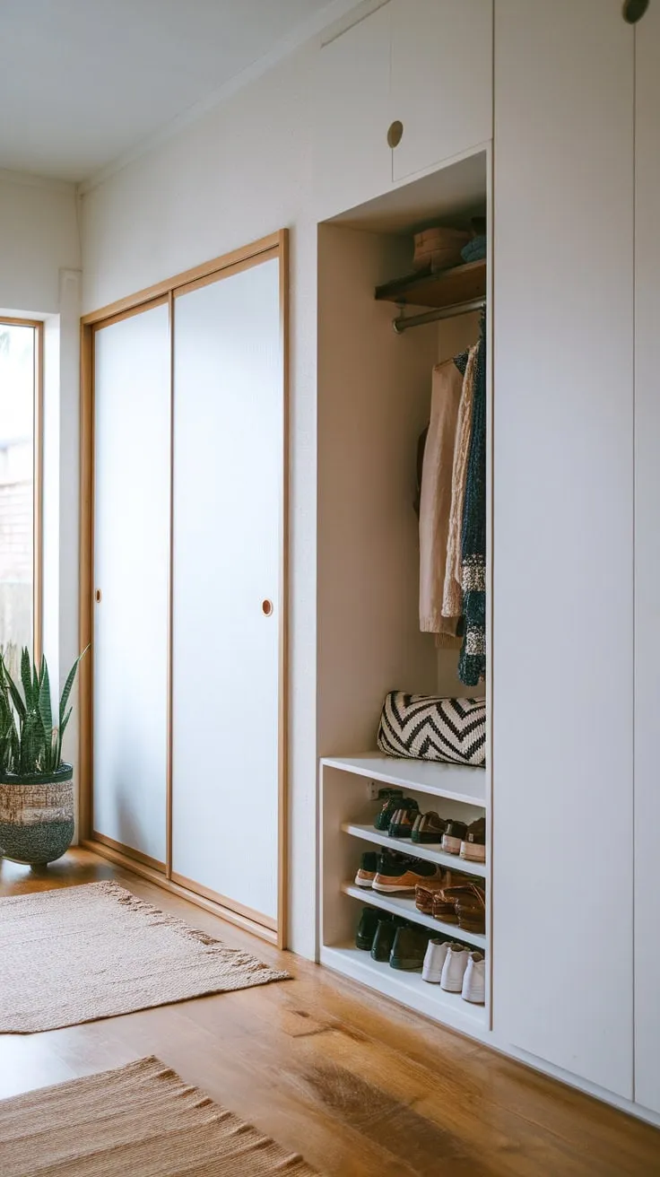 Clean lines and a sliding wardrobe define this calming Japandi entryway, showcasing a perfect blend of Japanese and Scandinavian design.