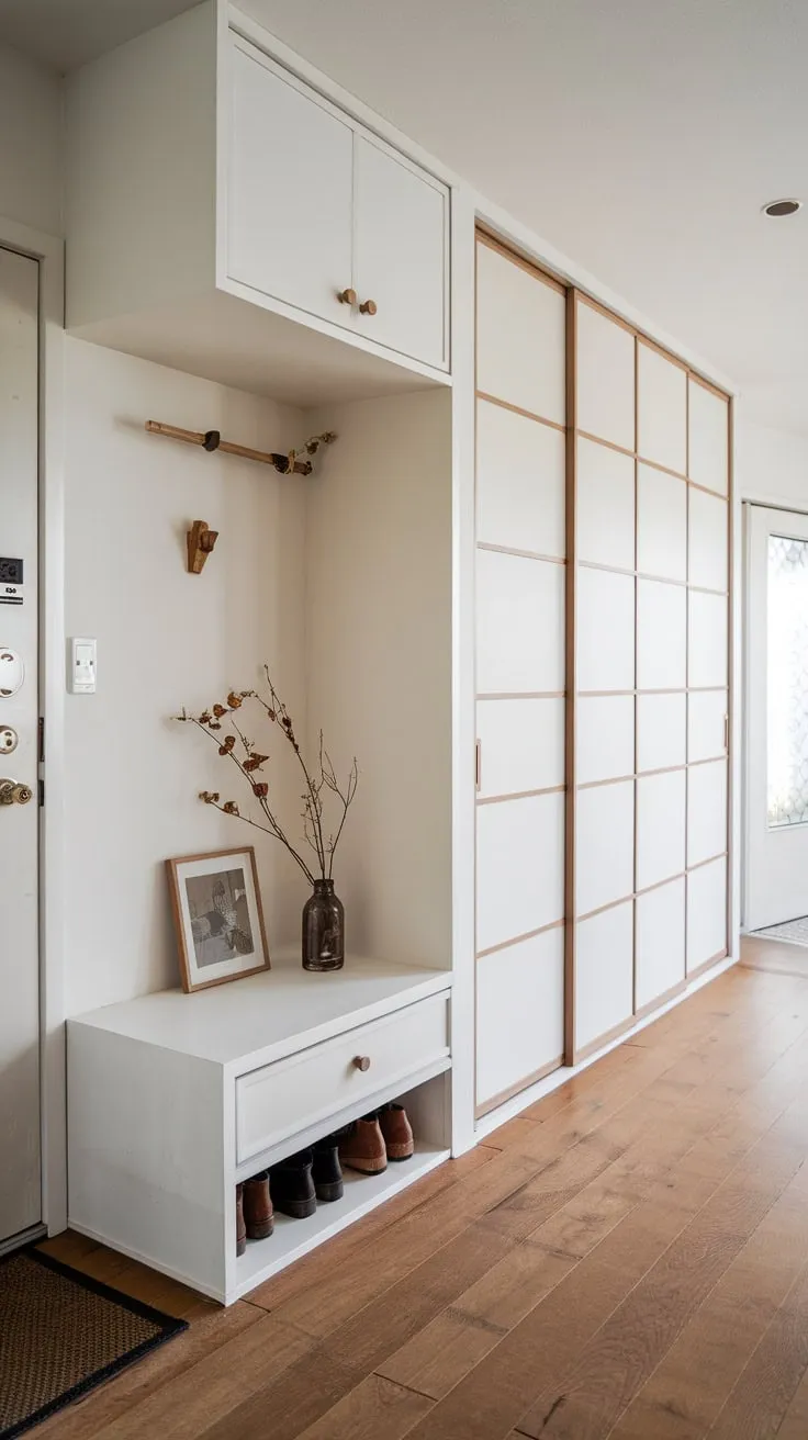 A serene Japandi foyer boasts minimalist built-in storage and clean lines, seamlessly blending Scandinavian simplicity with Japanese functionality.