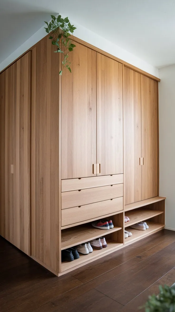 A minimalist Japandi foyer boasts light wood built-ins against a backdrop of dark wood floors and white walls, showcasing serene functionality