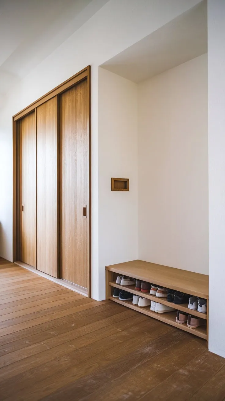 Clean lines and natural wood define this organized Japandi foyer, featuring a minimal shoe cabinet and sleek wardrobe.