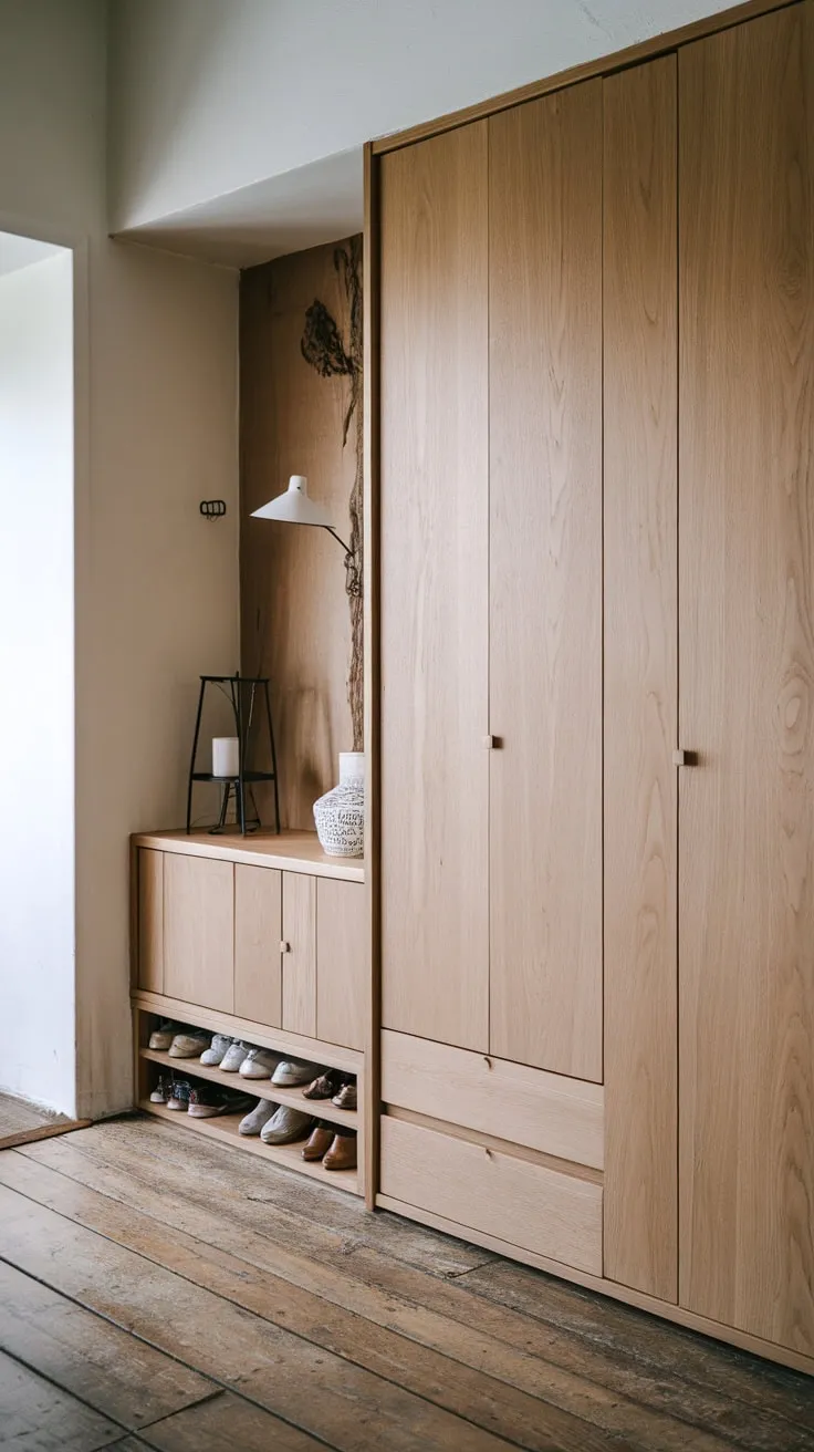 Clean lines and natural wood define this Japandi foyer's built-in storage and rustic charm.
